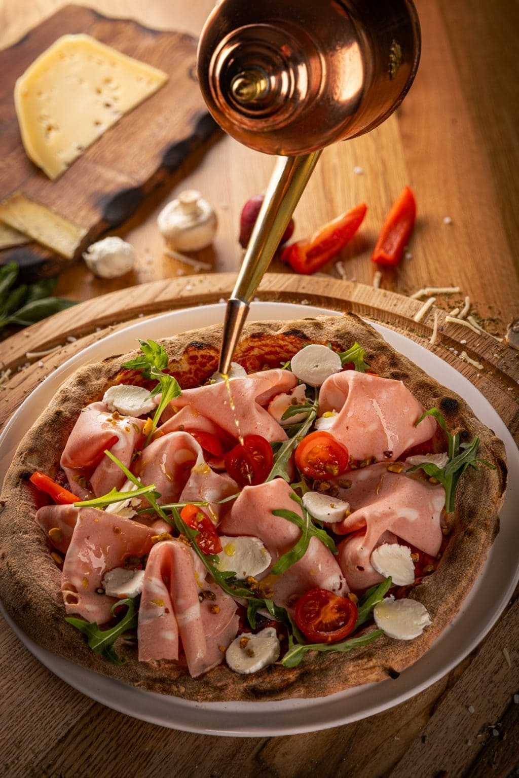 delicious gourmet pizza topped with mortadella