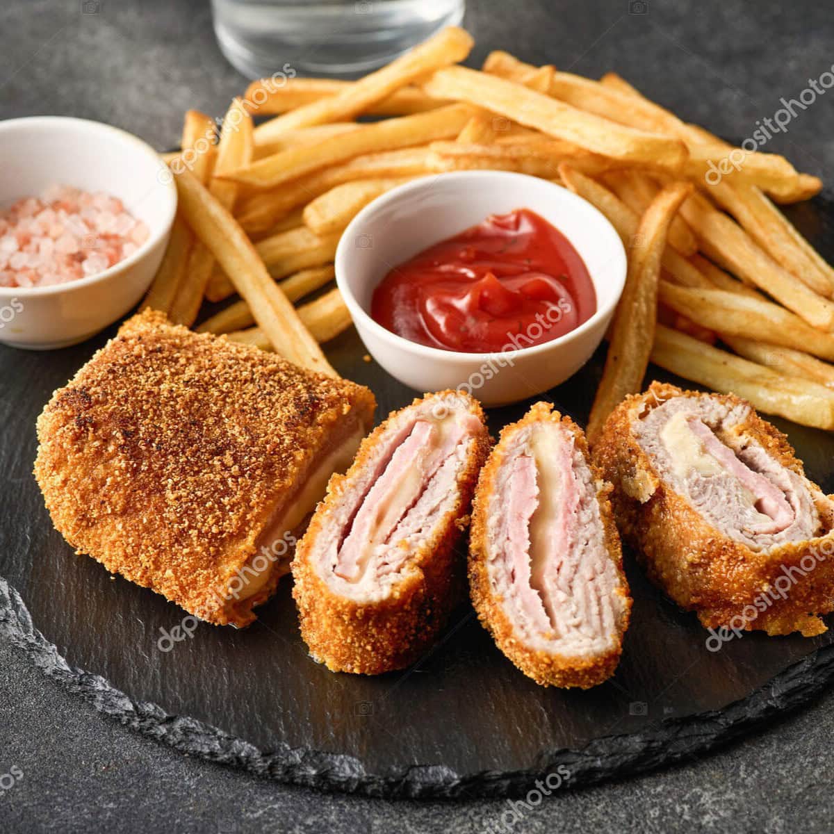 fried chicken cordon bleu with cheese and ham in breadcrumbs with french fries.
